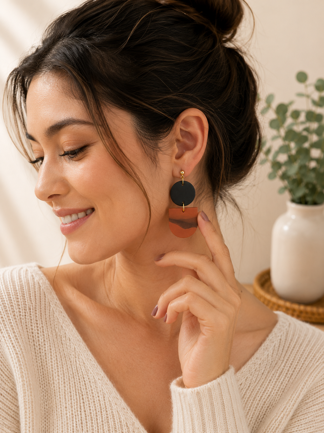 Terracotta & Black Polymer Clay Dangle Earrings | Modern Boho Statement Earrings