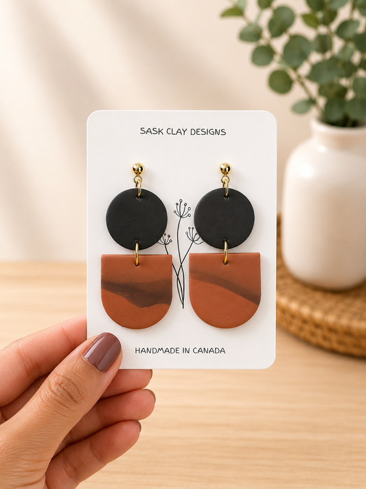 Terracotta & Black Polymer Clay Dangle Earrings | Modern Boho Statement Earrings